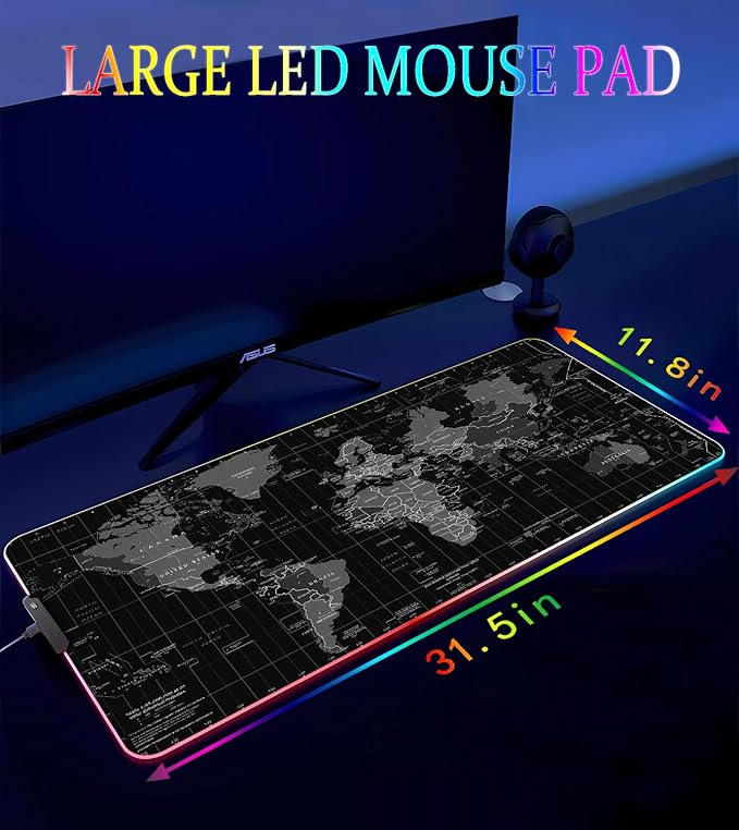 RGB Gaming Mouse Pad Large Mousepad with Led Light Gaming Accessories Keyboard Pad for Desk Non-Slip Rubber Base Big Mouse Mat for Gamer 31.5 X 11.8 Inch Black World Map