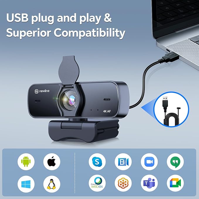 4K Webcam for PC with Sony 1/2.55'' Sensor Dual Noise-Reduction Mics Autofocus 30FPS UHD Wide-Angle USB Computer Camera with Tripod for Zoom Teams &amp Skype Streaming Meetings