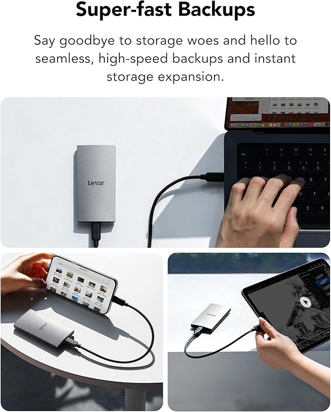 Lexar ES3 1TB External SSD USB 3.2 Gen2 Portable SSD PSSD Up to 1050MB/s Read 1000MB/s Write External Solid State Drive Compatible with iPhone 16/15 Series/Mac/PS5/XBOX/Laptop/PC Silver