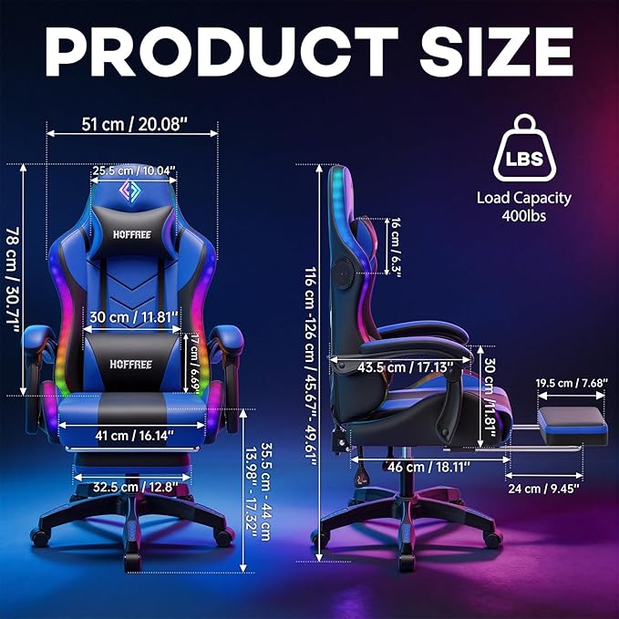 HOFFREE RGB Gaming Chair with Rhythm LED Lights and Speakers Massage Computer Chair with Footrest Music Video Game Chair High Back with Lumbar Support Blue
