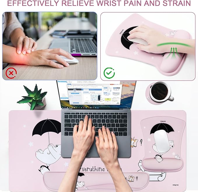 MEGREZ 4-in-1 Ergonomic Memory Foam Wrist Rest Set Desk Pad Mouse Pad with Wrist Rest Keyboard Pad Suitable for Office Workers Programmers &amp Gamers–Relieve Typing &amp Gaming Fatigue Pink