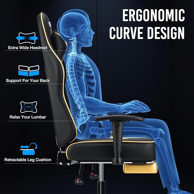 HOFFREE Massage Gaming Chair with Pocket Spring Cushion 155° Reclining Computer Gamer Chair with Footrest and Adjustable Armrests Ergonomic Video Game Chairs Gold and Black
