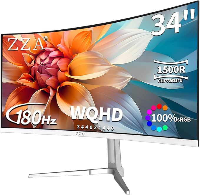 ZZA 34'' Gaming Monitor-165Hz/180Hz WQHD (3440x1440P) Ultrawide 34 White Curved MonitorFreeSync for Tear-Free Gaming100% sRGB HDMI 2.1 &amp DP 1.4PBP ModeWall Mountable