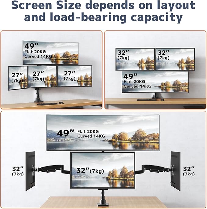 PUTORSEN Quad Monitor Mount for up to 49’’ Ultrawide on Top Bracket and 27’’ Screens on Lower Brackets Holds up to 44lbs Quad Monitor Stand with Gas Spring C-Clamp &amp Grommet Base