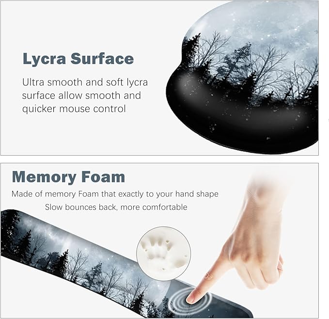 ARTSO Large Mouse Pad Ergonomic Keyboard Wrist Rest Support Memory Foam Extended Desk Mat Protector Non-Slip Desk Blotter for Office Home Night Moon Forest