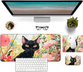Mouse Pad Desk Mat Ergonomic Wrist Support Pad SetMouse Wrist Rest Keyboard Pad with Stitched Edges and Non Slip Base-Black Cat Pink Flowers Cartoon