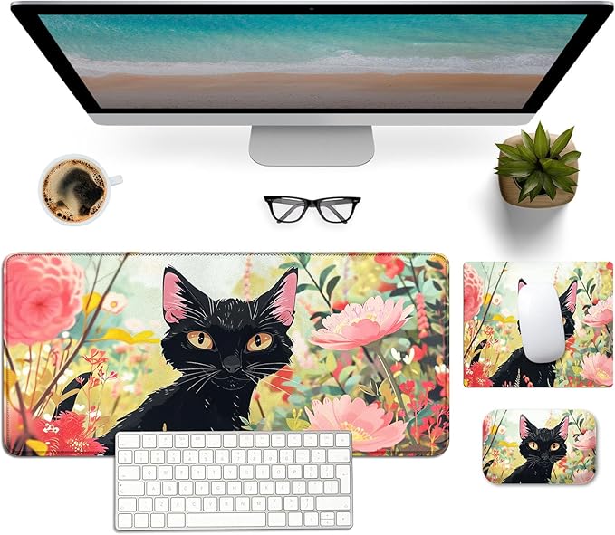 Mouse Pad Desk Mat Ergonomic Wrist Support Pad SetMouse Wrist Rest Keyboard Pad with Stitched Edges and Non Slip Base-Black Cat Pink Flowers Cartoon