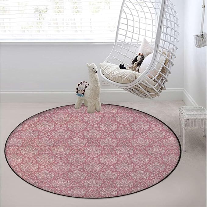 Light Pink Round Rug Nursery Rug for Bedroom Playroom Non Slip Educational Playmat Round Circle Carpet Romantic Rose Flower Bouquet Blooms Pastel Diameter 47.2 in