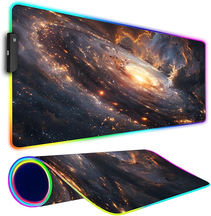 RGB Gaming Mouse Pad Large Mousepad with Led Light Gaming Accessories Keyboard Pad for Desk Non-Slip Rubber Base Big Mouse Mat for Gamer 31.5 X 11.8 Inch Golden Galaxy