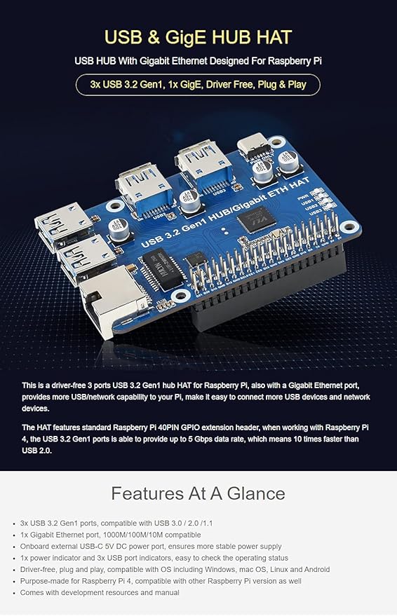Waveshare USB 3.2 Gen1 and Gigabit Ethernet HUB HAT Compatible with Raspberry Pi Zero/Zero W/4B/3B/3B+ 3X USB 3.2 Gen1 1x Gigabit Ethernet No Driver Required