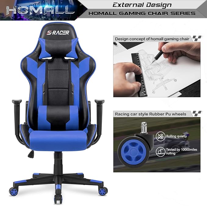 Homall Gaming Chair Office Chair High Back Computer Chair Leather Desk Chair Racing Executive Ergonomic Adjustable Swivel Task Chair with Headrest and Lumbar Support(Blue)