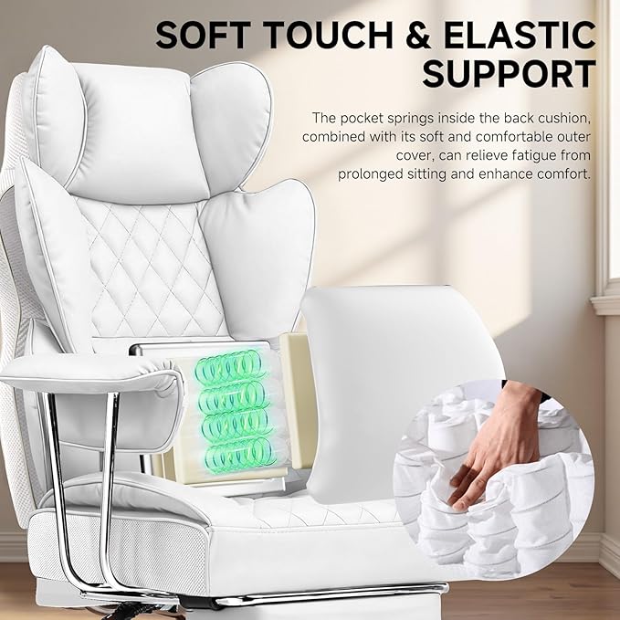 COMHOMA Big and Tall Gaming Chair with Pocket Spring Lumbar Support Ergonomic Office Chair with Footrest Executive Desk Chair with Outward Fixed Soft Armrests Computer Chair with High Back White