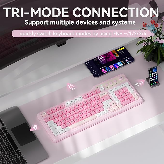 Aula F3099 Wireless Keyboard with Media Knob Tri-Mode BT5.0/2.4GHz/USB-C Cute Creamy Keyboard with Number Pad RGB Backlit Gaming Keyboard Quiet Typing Pink Computer Keyboards for Office Laptop/PC