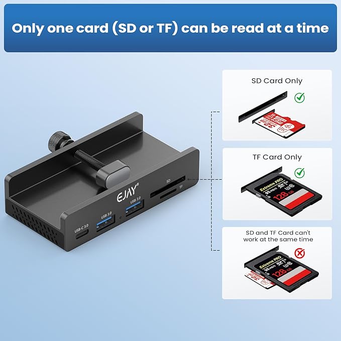 EJAY 5-Port USB 3.0 Hub with Card Reader &amp Clamp Mount 5Gbps Aluminum Docking Station for MacBook PC Dual Cable USB Adapter for Photographers Remote Workers Students Black