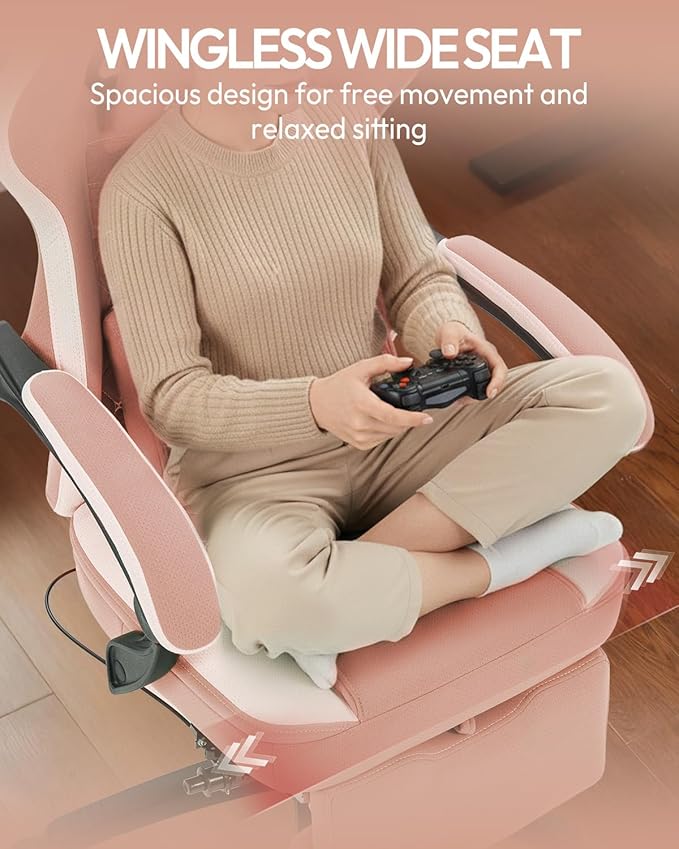 Dowinx Gaming Chair Breathable Fabric Game Chair with Gel Pad and Storage Bag Comfortable Gamer Chair with Pocket Spring Cushion Ergonomic Computer Chair with Footrest Pink and White