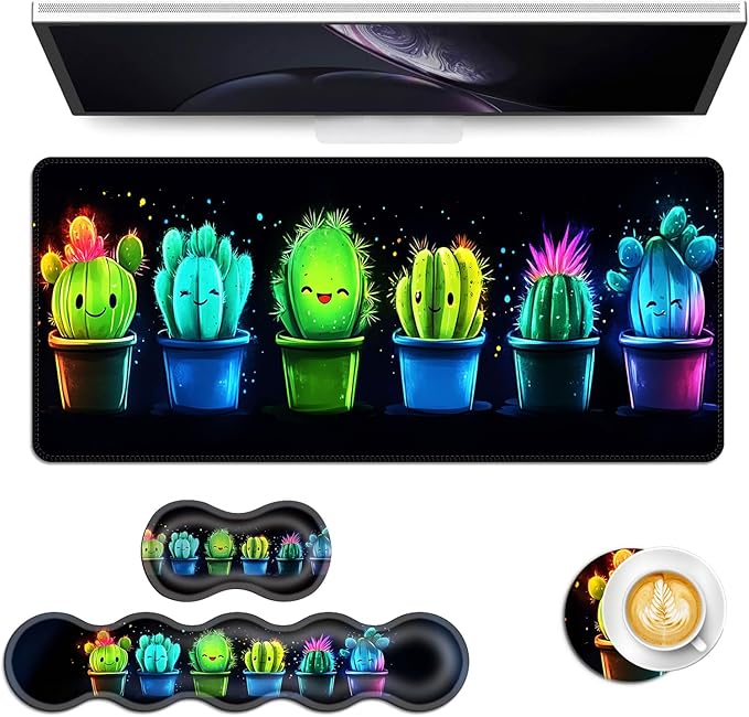 Keyboard Mouse Pad Set Extended Gaming Mouse Pad+Ergonomics Keyboard Wrist Rest Support Memory Foam Easy Typing Pain Relief 4Pcs XL Ultra Thick Desk MatColorful Cactus Art