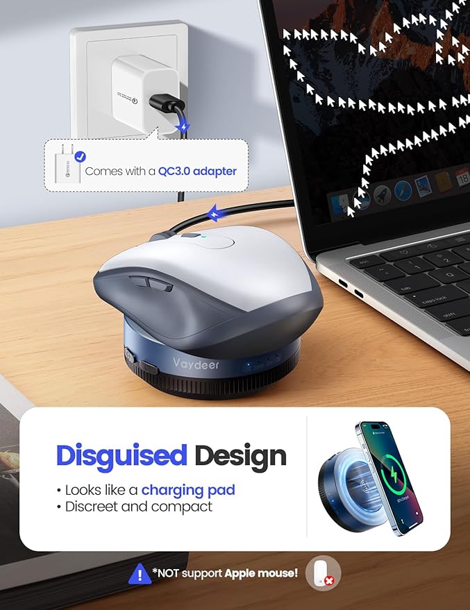 Vaydeer Multiple Mouse Mover W1 Mouse jiggler＆Wireless Charger 2-in-1 Undetectable Shaker Wiggler Device Automatic Phone Charging Pad Quiet Mice Giggler Juggler to Keep PC Active