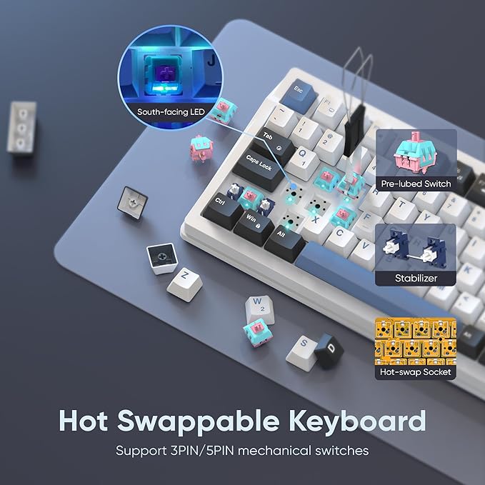 RedThunder K95 Wireless Mechanical Keyboard TFT Screen &amp Knob Tri-Mode BT5.0/2.4GHz/USB-C Hot Swappable Custom Pre-lubed Linear Switches Gasket Structure RGB Gaming Keyboard Snowy White-Blue