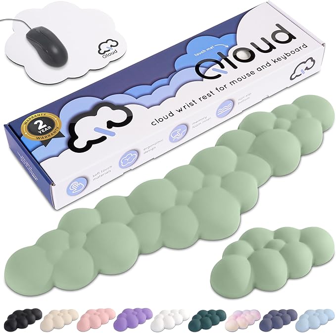 Qloud Cloud Wrist Rest Keyboard Wrist Rest for Computer Keyboard Pad Cloud Keyboard Wrist Rest Wrist Pad for Keyboard Memory Foam Non Slip Base Comes with Mouse Pad - Pastel Green