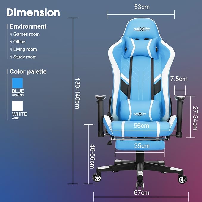 Gaming Chair Massage PC Gaming Chair Office Chair Ergonomic Computer Chair with Rolling Swivel Task Chair Lumbar Support Footrest Headrest Light Blue