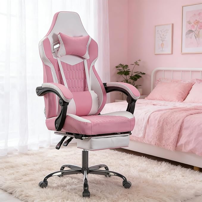 Computer Gaming Chair Game Chair for Adults with Retractable Footrest Adjustable Headrest Ergonomic High Back Racing Style Swivel Recliner for Teens Girls/Boys (Pink)