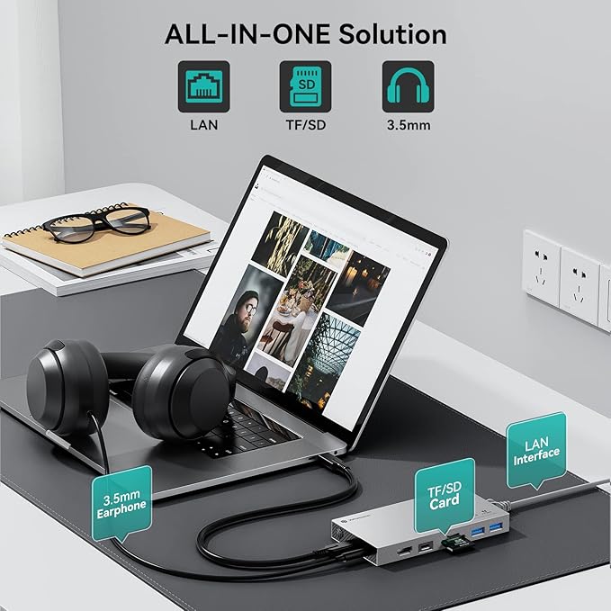 Yottamaster Aluminum USB C Hub with M.2 NVMe SSD Enclosure 10-in-1 USB C Docking Station 10Gbps for NVMe PCI-E M.2 SSD Support 100W Charging 4K HDMI RJ45 4 USB Ports Audio SD/TF Card Reader