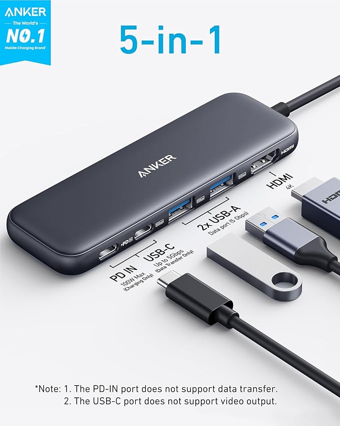 Anker HDMI Cable 8K@60Hz 6FT Ultra HD 4K@120Hz HDMI Cord USB C Hub 5-in-1 USBC to HDMI Splitter with 4K Display