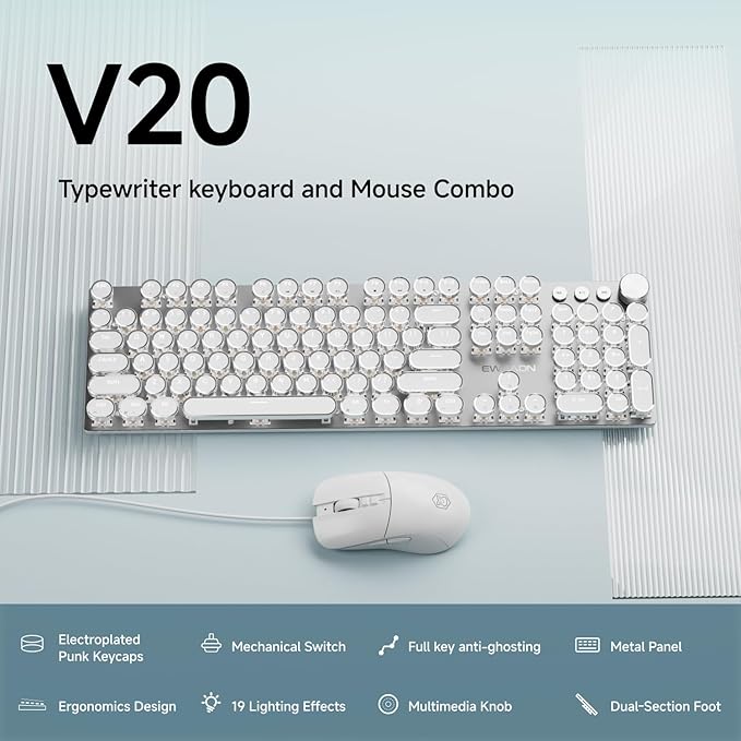 EWEADN Wired Typewriter Keyboard and Mouse Combo Typewriter Style Mechanical Gaming Keyboard104 Keys Backlit LED Keyboards Media Control Knob Wired Keyboard White Switch for Windows/Mac/PC-White