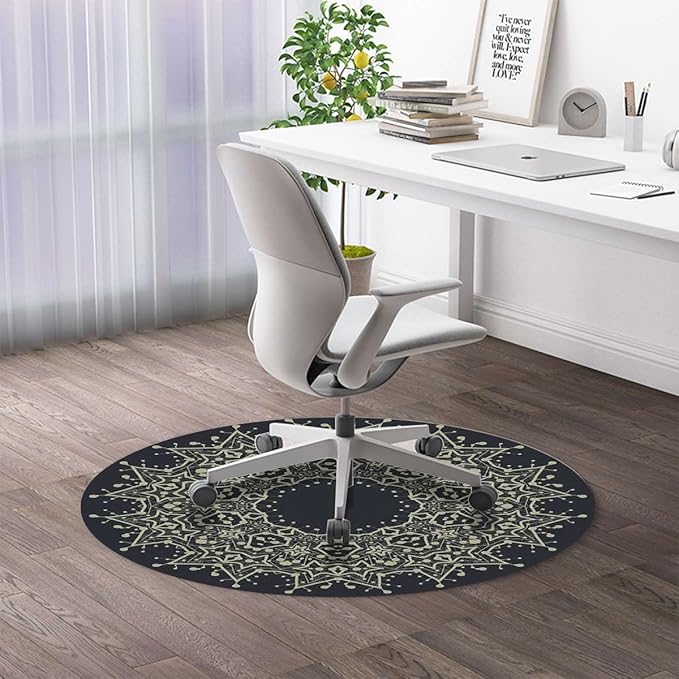 Blue Indigo PU Leather Gaming Chair Mat Chair Mat for Hardwood Floor Mandala Exotic Floral Ornament Round Round Floor Mats for Office Chair Computer Desk Anti Slip Modern Tribal Diameter 47.2 in