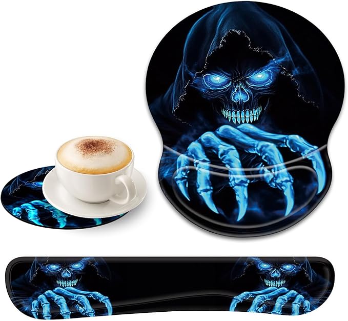 Bxgolkgd Ergonomic Gel Mouse Wrist Rest Pad and Keyboard Pad SetAnti-Slip PU Bottom Easy Typing and Relieve Wrist Pain with Cute Coaster Set (3-Funny Skull)