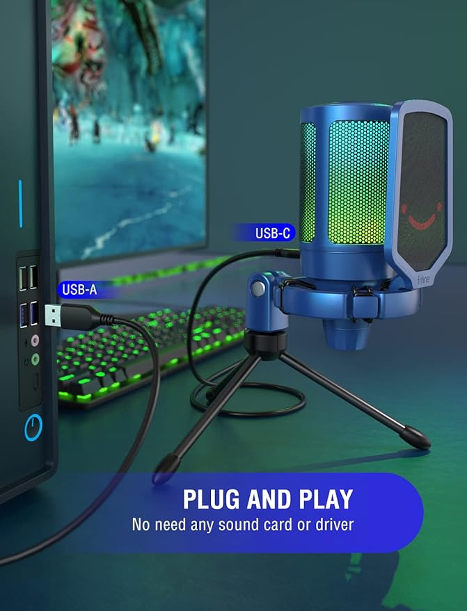 FIFINE Gaming Streaming USB PC Microphone for Mac OS/Windows AmpliGame Condenser Cardioid Mic with RGB for Video Vocal Recording Twitch Discord Gamer Computer Mic-Blue