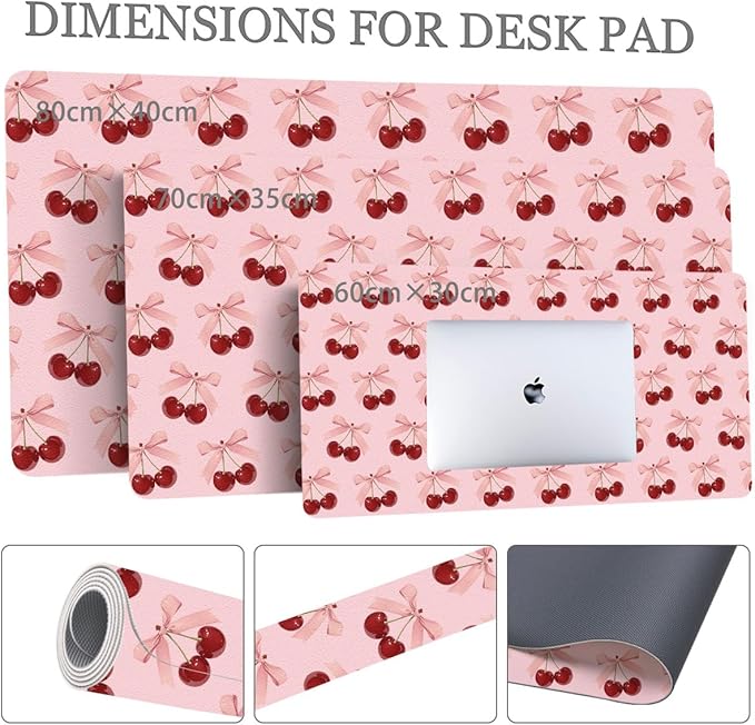 Cute Bow Cherry Pink Extended Gaming Keyboard Mouse Pad Non-Slip Leather Home Office Desk Mat Protector Laptop Desk Pad Writing Pad