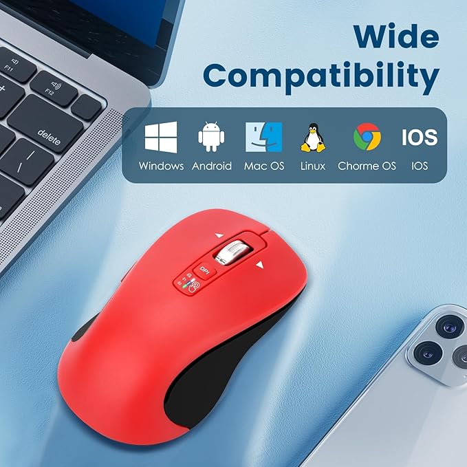 Wireless Bluetooth Mouse (USB + BT1 + BT2) Full Size 4-Way Scrolling Multi-Device Silent Mouse for Computer Laptop iPad MacBook (Red)