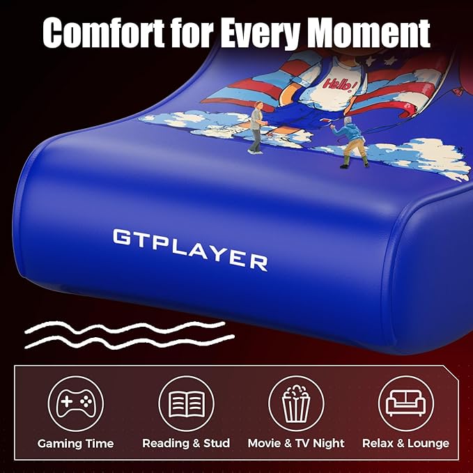 GTPLAYER Gaming Floor Rocking Chair – Rocker Floor Game Chair with Angle Limiter Stylish Patterned Design Comfortable Video Game Seat Blue Flag Pattern