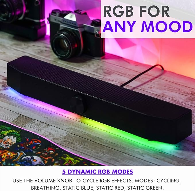 Tilted Nation Gaming Soundbar - Monitor Sound Bar for PC - RGB Computer Speakers for Desktop PC (Wireless or USB Wired) Crisp Audio and Adjustable LED