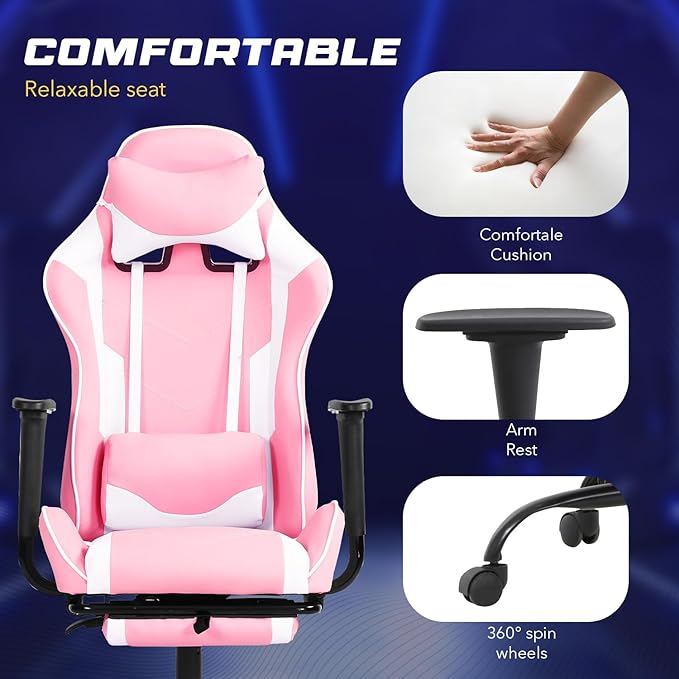 Gaming Chair Computer Office Chair Ergonomic Desk Chair Height Adjustable Recliner Swivel High Back with Lumbar Support Footrest Headrest Racing Style Desk ChairPink