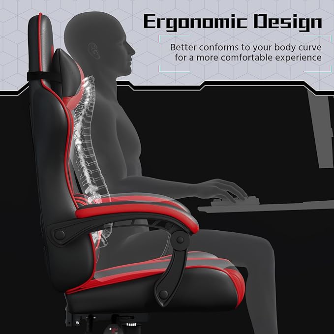 Yaheetech Gaming Chair Computer Office Chair with Headrest and Massage Lumbar Support Height Adjustable Ergonomic Chairs with Swivel Seat Black/Red