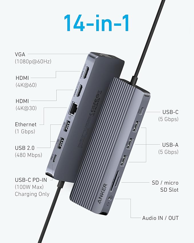 Anker Laptop Docking Station 3 Monitors 14 in 1 USB C Hub Triple Display USB C Docking Station with Dual 4K HDMI 1080p VGA 80W PD USB-A/C Data Ports for Dell XPS and More (Charger not Included)