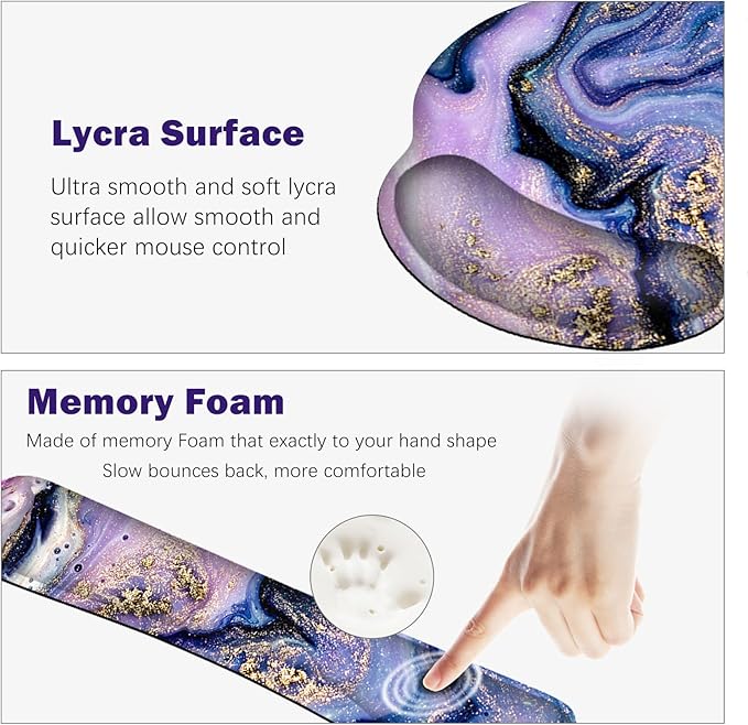 ARTSO Large Mouse Pad Ergonomic Keyboard Wrist Rest Support Combo Memory Foam Gel Wrist Pad Extended Desk Mat Protector Non-Slip Desk Blotter Purple Marble
