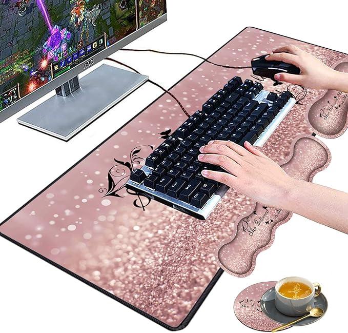 Large Gaming Mouse Pad Keyboard Wrist Rest pad + Mouse Wrist pad + Coaster Set Extended Waterproof Non-Slip Table mat Suitable for Home Office Learning Games - She Believed She Could So She Did