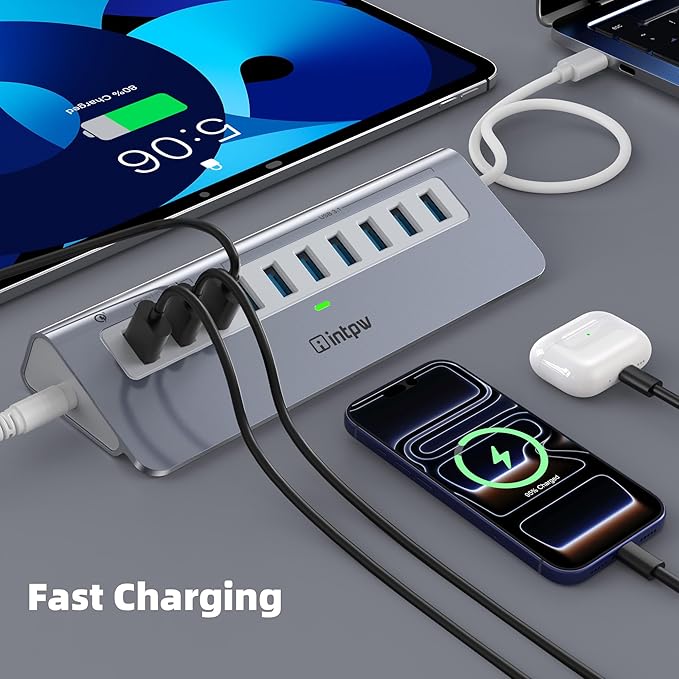 Powered USB Hub 10Gbps 10 Port USB 3.2 Gen 2 Hub with 7 USB 3.2 Data Ports 3 Fast Charging Ports 36W Power Adapter Type A and Type C Cable Aluminum USB Data Hub for Mac PC Laptop