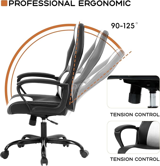 MKDLUFEI Video Game ChairErgonomic Office Chair Desk Chair and Lumbar Support PU Leather Recliner with HeadrestHeight Adjustable Computer Chair for Adults (White)
