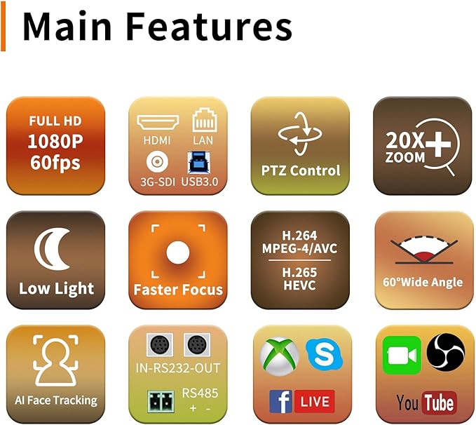 PTZ Camera 4KAI Auto Tracking USB3.0/3G-SDI/LAN HDMI PTZ Camera 20X Optical +16X Digital Zoom with PoE Live Streaming for Church WorshipOBSFacebookYouTube
