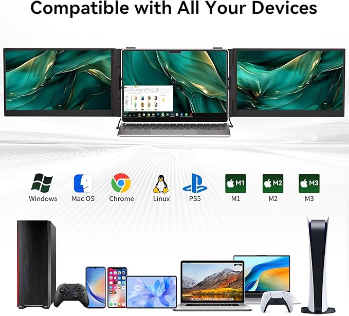 14 Triple Laptop Screen Extender Ultra-Thin Lightweight FHD 1080P IPS Laptop Monitor Extender Portable Extended Screen for Laptops 13-17.3 Compatible with Wins Mac Chrome Dex Phone Travel Work