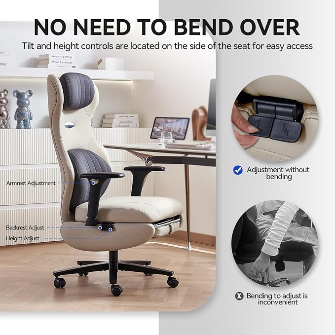 EMIAH Ergonomic Office Chair with Foot Rest Reclining Office Chair with Adjustable Arms and Headrest High Back Gaming Chair with Lumbar Support PU Leather(Beige)