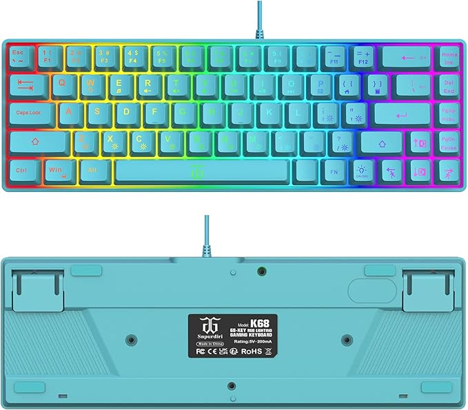 Snpurdiri 60% Membrane Gaming KeyboardRGB Compact Wired Small Keyboard Strong Mechanical Feel for PC/Mac Gamer Typist Travel Easy to Carry on Business Trip(68 KeysBlue)