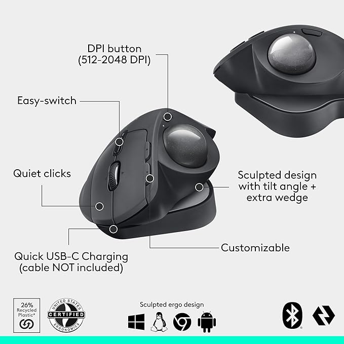 Logitech MX Ergo S Advanced Wireless Trackball Mouse USB-C Rechargeable Wireless Ergonomic Mouse with Bluetooth and Encrypted Dongle 6 Programmable Buttons for PC/Mac