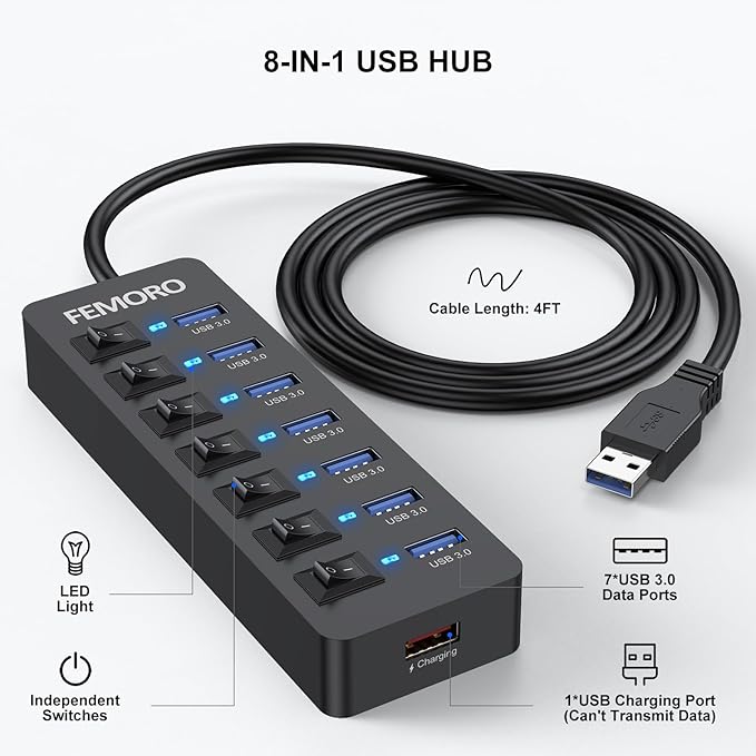 Powered USB Hub 3.0 5Gbps Data Transfer 7 Ports and 12W Charging-only 1 Port with 5V/3A Power Adapter 4Ft Long Cable &amp Individual Switches for Laptop PC Flash Drive External SSD HDD Keyboard Mous