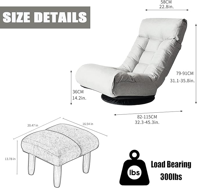 Floor Chair Swivel Chaise Lounge SofaFloor Gaming Chair with 3 Adjustable Positions Foldable Lounge Chair Indoor with Cushion Padded Backrest and Footstool for Bedroom OfficeLight Grey