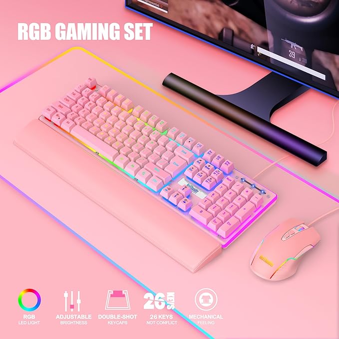RedThunder K10 Wired Gaming Keyboard and Mouse and Wrist Rest Combo RGB Backlit Mechanical Feel Anti-ghosting Keyboard + 7D 7200 DPI Mice+Soft Leather Wrist Rest 3 in 1 PC Gamer Accessories(Pink)
